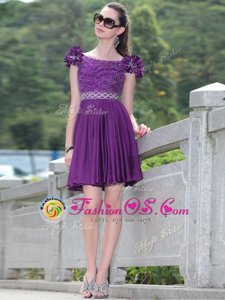 Scoop Purple Sleeveless Knee Length Beading and Hand Made Flower Zipper Prom Gown