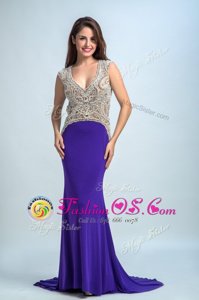 Purple Backless Runway Inspired Dress Beading Sleeveless Floor Length