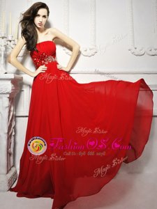 Colorful Sleeveless With Train Beading and Ruching Lace Up Prom Evening Gown with Red Brush Train