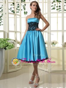 Captivating Baby Blue Satin Zipper Prom Gown Sleeveless Tea Length Lace