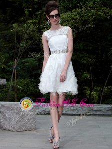 Smart Scoop White Organza Zipper Club Wear Sleeveless Mini Length Beading and Belt
