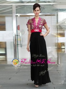 Delicate Chiffon V-neck Short Sleeves Zipper Appliques and Ruching Mother Of The Bride Dress in Red And Black