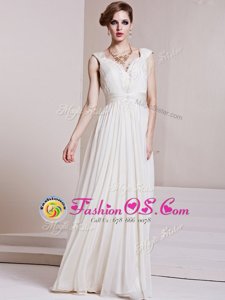 Delicate Chiffon Cap Sleeves Floor Length Dress for Prom and Beading and Ruching