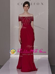 Custom Designed Floor Length Red Off The Shoulder Short Sleeves Zipper