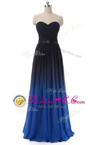 Affordable Blue And Black Lace Up Evening Outfits Ruching and Belt Sleeveless Floor Length
