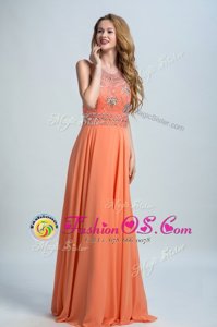 Scoop Sleeveless Floor Length Beading Orange Chiffon