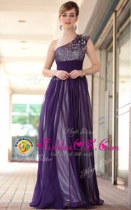 Latest Purple Empire One Shoulder Sleeveless Chiffon Floor Length Side Zipper Beading and Appliques Prom Dresses