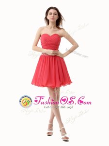 Ideal Watermelon Red Zipper Prom Homecoming Dress Beading and Ruching Sleeveless Mini Length