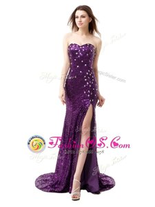 Mermaid Sleeveless Floor Length Beading and Ruffles Side Zipper Celeb Inspired Gowns with Purple Brush Train