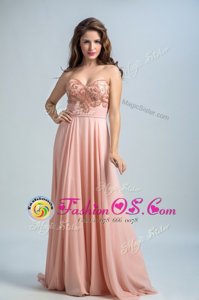 Nice Sleeveless Chiffon With Brush Train Zipper Dress for Prom in Baby Pink for with Beading