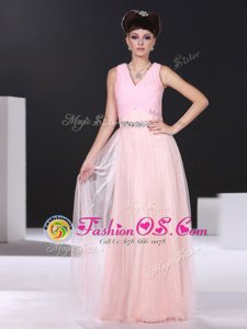 Sexy Pink Column/Sheath Organza V-neck Sleeveless Beading and Ruching Floor Length Side Zipper Dress for Prom