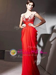 V-neck Cap Sleeves Homecoming Dress Floor Length Beading and Appliques and Ruching Red Chiffon