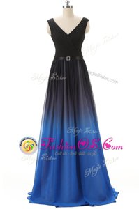 Blue And Black V-neck Lace Up Beading Prom Evening Gown Brush Train Sleeveless