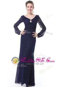 Adorable Navy Blue V-neck Neckline Ruching Mother Of The Bride Dress Long Sleeves Side Zipper