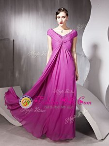 Modern Rose Pink Empire Beading and Ruching Zipper Tulle Cap Sleeves Floor Length