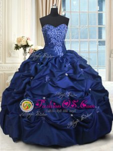 Sweet Navy Blue Taffeta Lace Up Quinceanera Dress Sleeveless Floor Length Appliques and Pick Ups