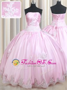 Sleeveless Taffeta Floor Length Lace Up 15th Birthday Dress in Baby Pink for with Appliques
