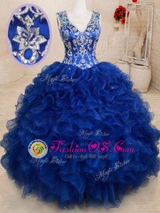 Vintage Royal Blue Ball Gowns Organza V-neck Sleeveless Beading and Embroidery and Ruffles Floor Length Backless 15 Quinceanera Dress