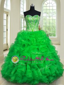 Artistic Green Organza Lace Up Quinceanera Dresses Sleeveless Floor Length Beading and Ruffles