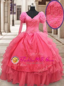 Vintage Organza V-neck Half Sleeves Zipper Beading and Embroidery and Ruffled Layers Quince Ball Gowns in Pink