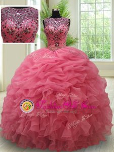 Scoop Pick Ups See Through Pink Sleeveless Organza Lace Up Ball Gown Prom Dress for Military Ball and Sweet 16 and Quinceanera