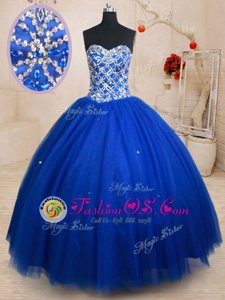 Latest Sweetheart Sleeveless Quinceanera Gowns Floor Length Beading Royal Blue Tulle