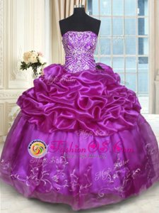 Flare Eggplant Purple Organza Lace Up Quinceanera Gown Sleeveless Floor Length Beading and Embroidery and Pick Ups
