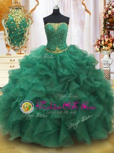 Suitable Strapless Sleeveless 15th Birthday Dress Floor Length Beading and Ruffles Dark Green Organza
