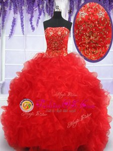 Graceful Floor Length Lace Up 15th Birthday Dress Red and In for Military Ball and Sweet 16 and Quinceanera with Beading and Embroidery and Ruffles