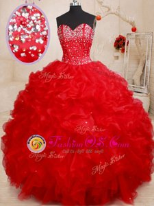 Graceful Red Sleeveless Beading and Ruffles Floor Length Quinceanera Gown