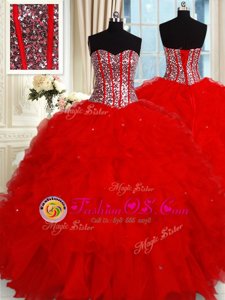 Red Ball Gowns Sweetheart Sleeveless Tulle Floor Length Lace Up Ruffles and Sequins 15th Birthday Dress