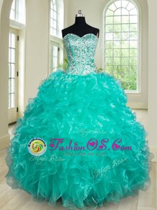 Admirable Turquoise Sleeveless Floor Length Beading and Ruffles Lace Up Sweet 16 Dress