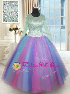 On Sale Multi-color Lace Up Scoop Beading Quince Ball Gowns Tulle Long Sleeves