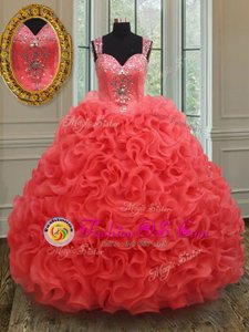 Straps Floor Length Coral Red Ball Gown Prom Dress Organza Sleeveless Beading