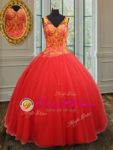 Glorious Rust Red V-neck Neckline Beading and Appliques 15th Birthday Dress Sleeveless Zipper