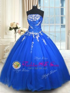 Blue Sleeveless Tulle Lace Up Sweet 16 Dress for Military Ball and Sweet 16 and Quinceanera