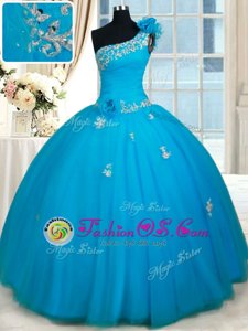 Custom Made Baby Blue Ball Gowns One Shoulder Sleeveless Tulle Floor Length Zipper Beading and Appliques and Hand Made Flower Quinceanera Dresses