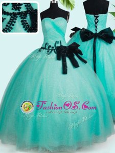 Flirting Sweetheart Sleeveless Quinceanera Gown Floor Length Beading and Bowknot Turquoise Tulle