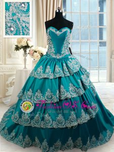 Ruffled Teal Sleeveless Taffeta Lace Up Sweet 16 Dress for Military Ball and Sweet 16 and Quinceanera