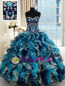 Multi-color Organza Lace Up Sweetheart Sleeveless 15 Quinceanera Dress Brush Train Beading and Embroidery and Ruffles