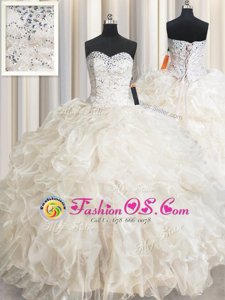 Cheap Sleeveless Organza Floor Length Lace Up Quinceanera Gowns in Champagne for with Beading and Lace and Ruffles
