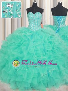 Pretty Floor Length Turquoise 15 Quinceanera Dress Organza Sleeveless Beading and Ruffles