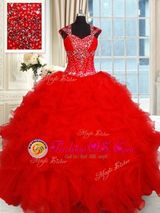 Red Sweetheart Neckline Beading and Ruffles Sweet 16 Dress Cap Sleeves Backless