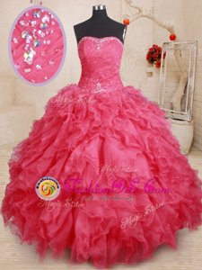 High End Coral Red Sleeveless Organza Lace Up Quinceanera Dresses for Military Ball and Sweet 16 and Quinceanera