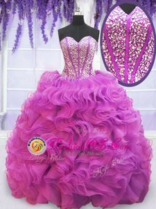 Cheap Purple Lace Up Ball Gown Prom Dress Beading and Ruffles Sleeveless Brush Train