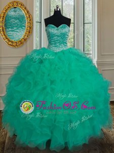 Beading and Ruffles Quinceanera Dresses Turquoise Lace Up Sleeveless Floor Length