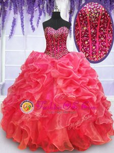 Elegant Coral Red Sleeveless Floor Length Beading and Ruffles Lace Up Sweet 16 Dresses