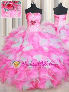Strapless Sleeveless Sweet 16 Dress Floor Length Beading and Ruffles and Hand Made Flower Pink And White Organza and Tulle