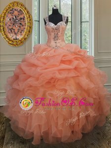 Orange Straps Neckline Beading and Ruffles and Pick Ups Quince Ball Gowns Sleeveless Zipper