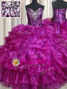 Graceful Sleeveless Organza Floor Length Lace Up Vestidos de Quinceanera in Purple for with Beading and Ruffles and Sequins